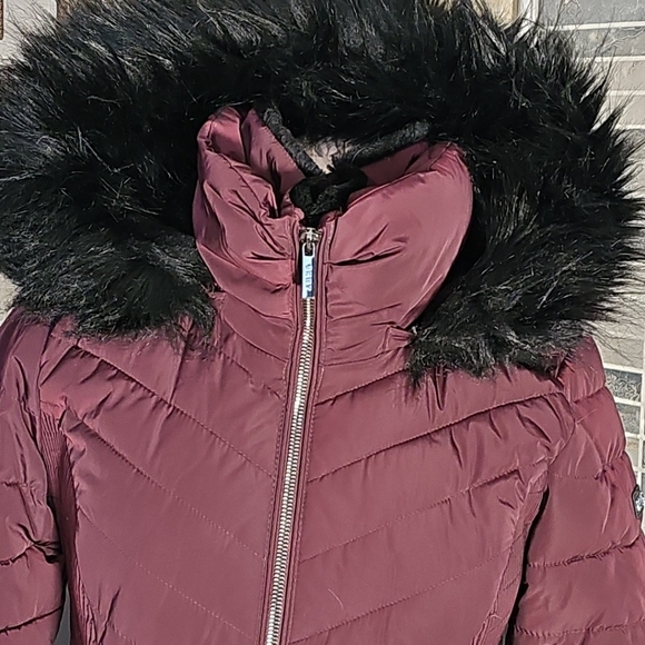 DKNY womens‎ Puffer Coat Jacket Fur Trim Detachable Hood Warm XS Burgundy - Picture 4 of 16